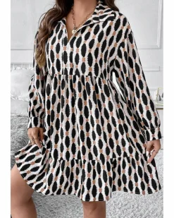 Shirt Dresses*Azura Exchange Apricot Geometric Print Collared V Neck Plus Size Mini Dress Beige