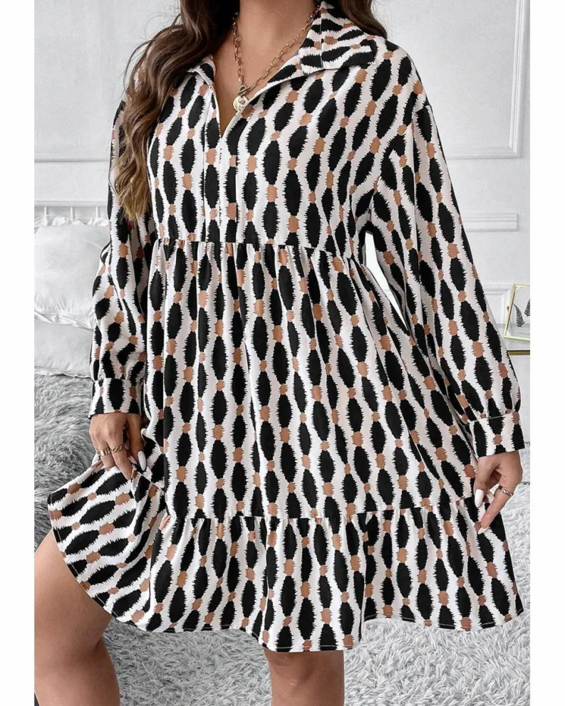 Shirt Dresses*Azura Exchange Apricot Geometric Print Collared V Neck Plus Size Mini Dress Beige