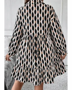 Shirt Dresses*Azura Exchange Apricot Geometric Print Collared V Neck Plus Size Mini Dress Beige