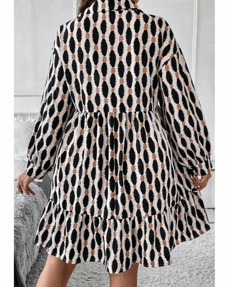 Shirt Dresses*Azura Exchange Apricot Geometric Print Collared V Neck Plus Size Mini Dress Beige