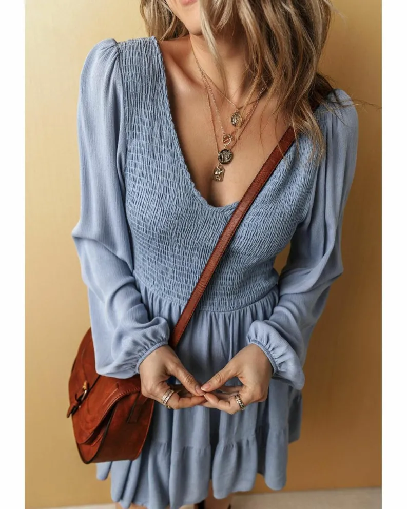 Smock Dresses*Azura Exchange Ashleigh Blue Long Sleeve V Neck Smocked Tiered Mini Dress Multi