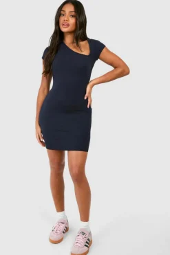 Bodycon Dresses*boohoo Assymetric Cap Sleeve Ruched Modal Mini Dress navy