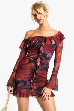 Bodycon Dresses|Mini Dresses*boohoo Assymetric floral ruffle mesh flare cuff mini dress red
