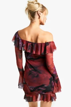 Bodycon Dresses|Mini Dresses*boohoo Assymetric floral ruffle mesh flare cuff mini dress red