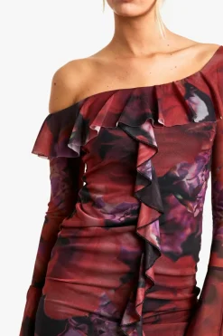 Bodycon Dresses|Mini Dresses*boohoo Assymetric floral ruffle mesh flare cuff mini dress red