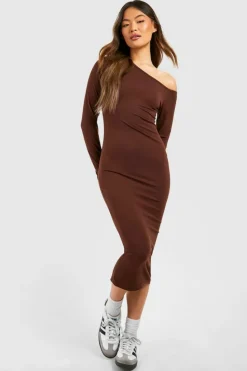 Bodycon Dresses|Midi Dresses*boohoo Assymetric Long Sleeve Midi Dress chocolate
