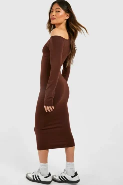 Bodycon Dresses|Midi Dresses*boohoo Assymetric Long Sleeve Midi Dress chocolate