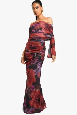 Maxi Dresses|Long Sleeve Dresses*boohoo Assymetric ruched floral mesh maxi dress plum