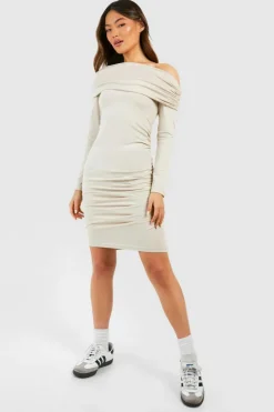 Bodycon Dresses*boohoo Assymetric Ruched Long Sleeve Mini Dress stone