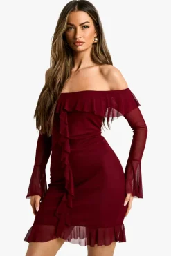 Bodycon Dresses*boohoo Assymetric ruffle mesh flare cuff mini dress plum