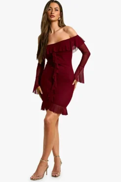 Bodycon Dresses*boohoo Assymetric ruffle mesh flare cuff mini dress plum
