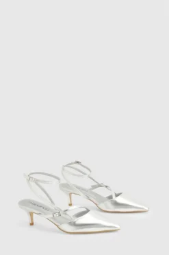 Heels*boohoo Asymmetric Buckle Strap Kitten Heel Court Shoes silver