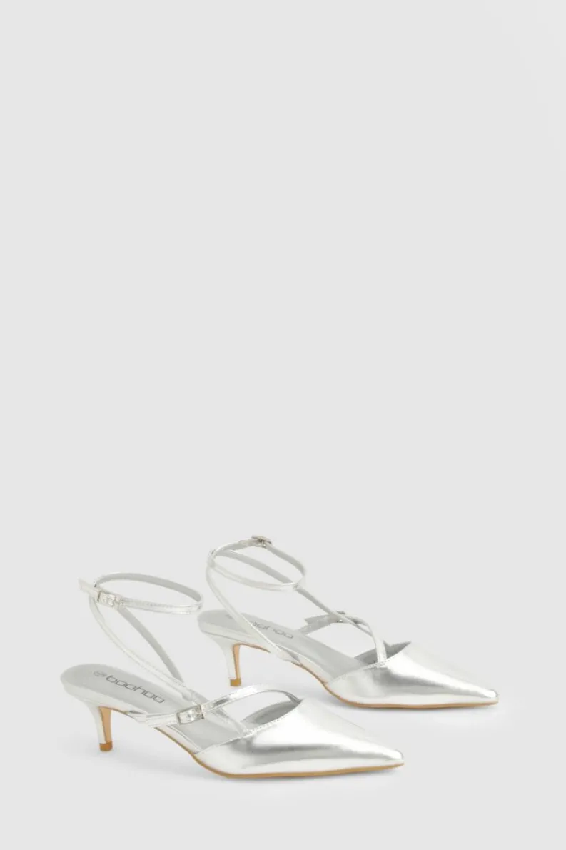 Heels*boohoo Asymmetric Buckle Strap Kitten Heel Court Shoes silver