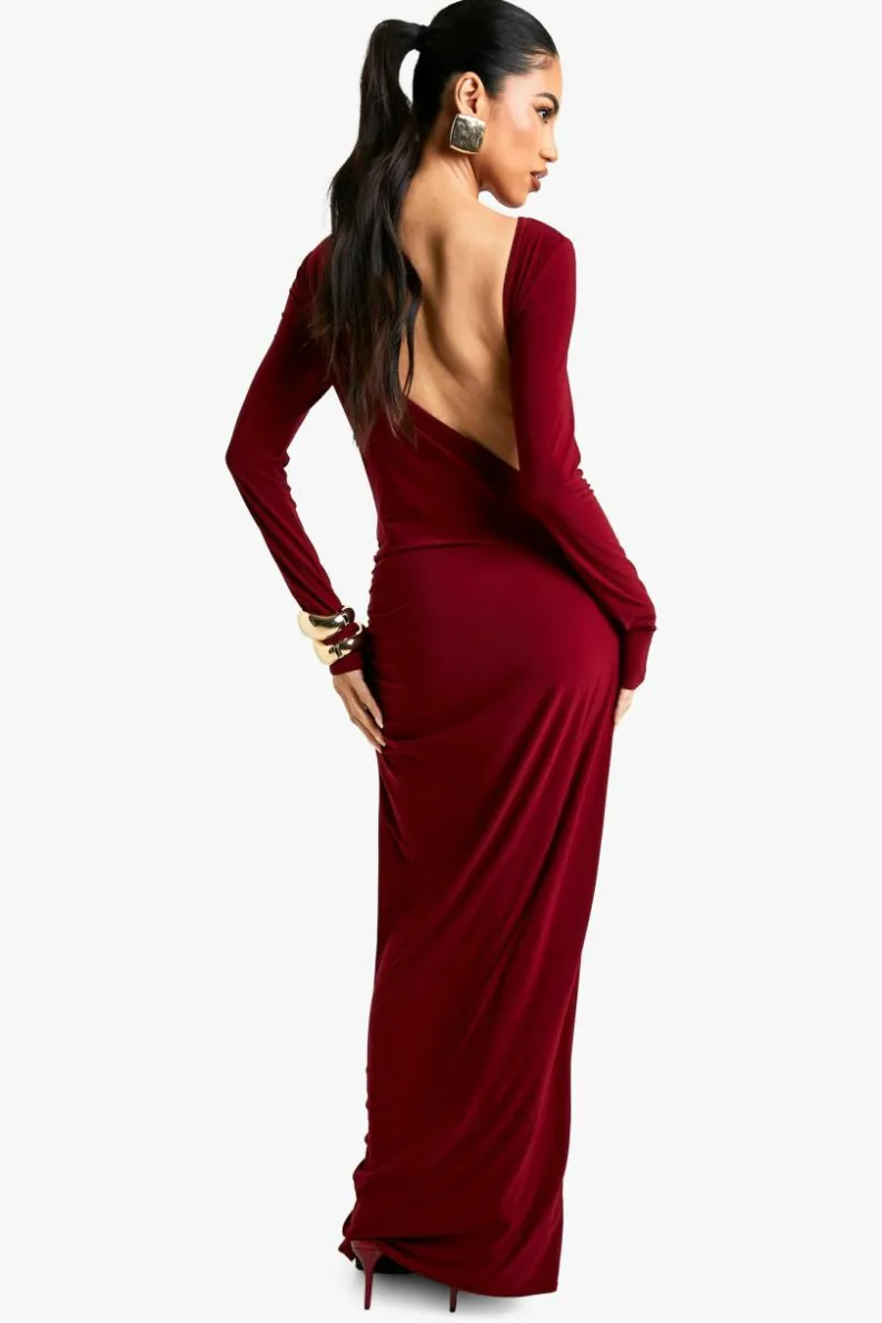 Maxi Dresses|Dresses*boohoo Asymmetric Cut Out Backless Maxi Slinky Dress burgundy