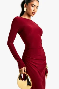 Maxi Dresses|Dresses*boohoo Asymmetric Cut Out Backless Maxi Slinky Dress burgundy