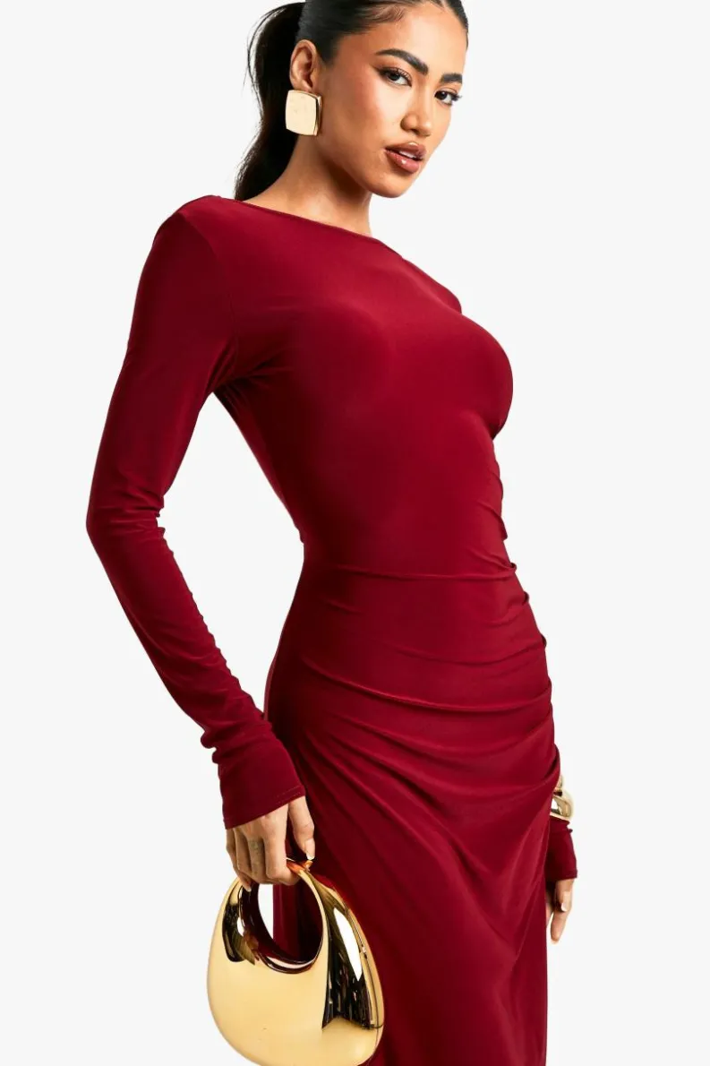 Maxi Dresses|Dresses*boohoo Asymmetric Cut Out Backless Maxi Slinky Dress burgundy