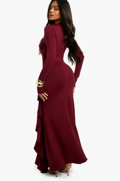 Maxi Dresses|Long Sleeve Dresses*boohoo Asymmetric Long Sleeve Maxi Dress burgundy
