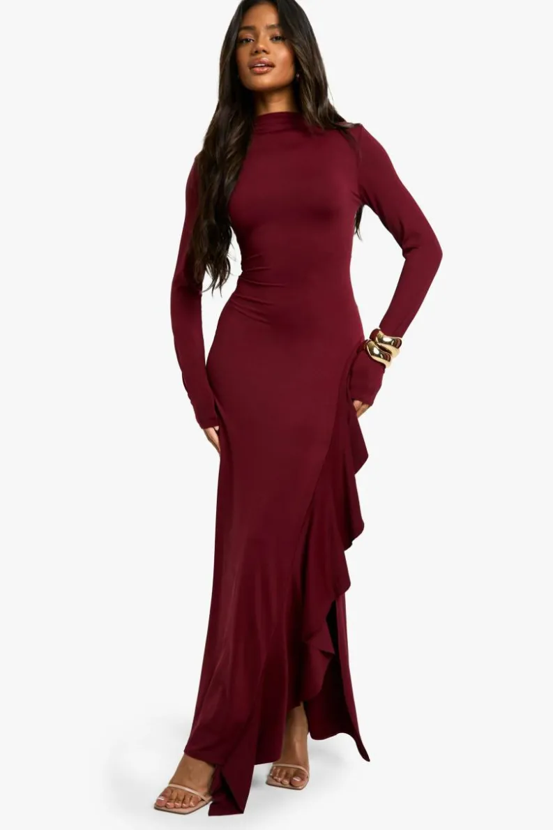 Maxi Dresses|Long Sleeve Dresses*boohoo Asymmetric Long Sleeve Maxi Dress burgundy