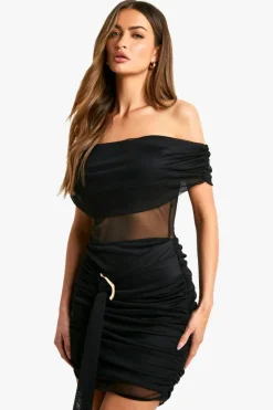Bodycon Dresses*boohoo Asymmetric Mesh Insert Trim Drape Detail Slinky Mini Dress black