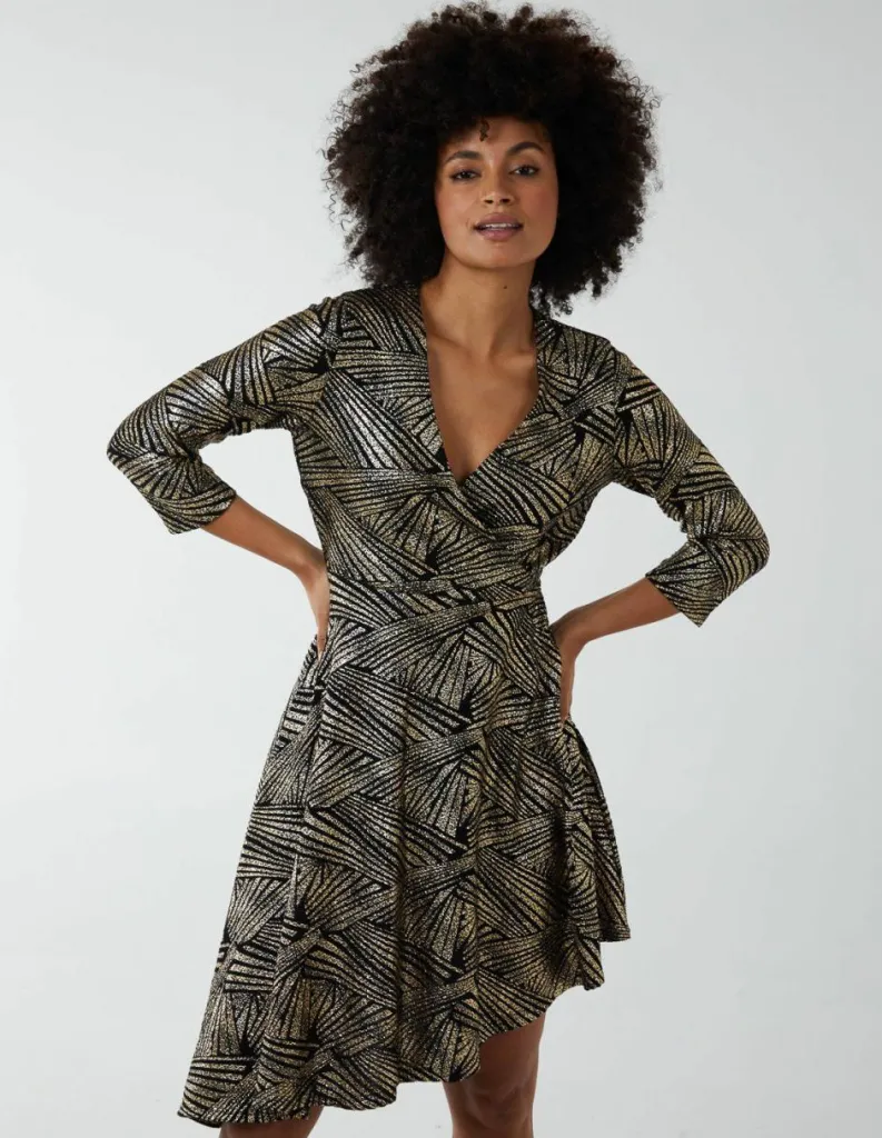 Wrap Dresses*Blue Vanilla Asymmetric Metallic Animal Foil Wrap Dress Gold