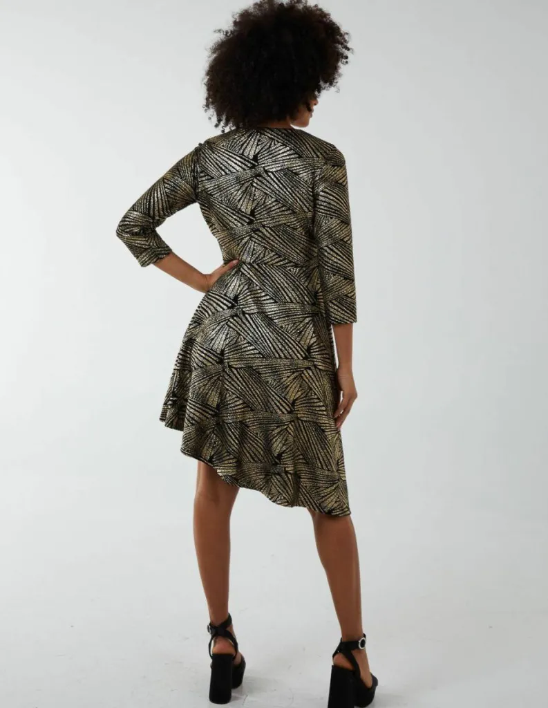 Wrap Dresses*Blue Vanilla Asymmetric Metallic Animal Foil Wrap Dress Gold