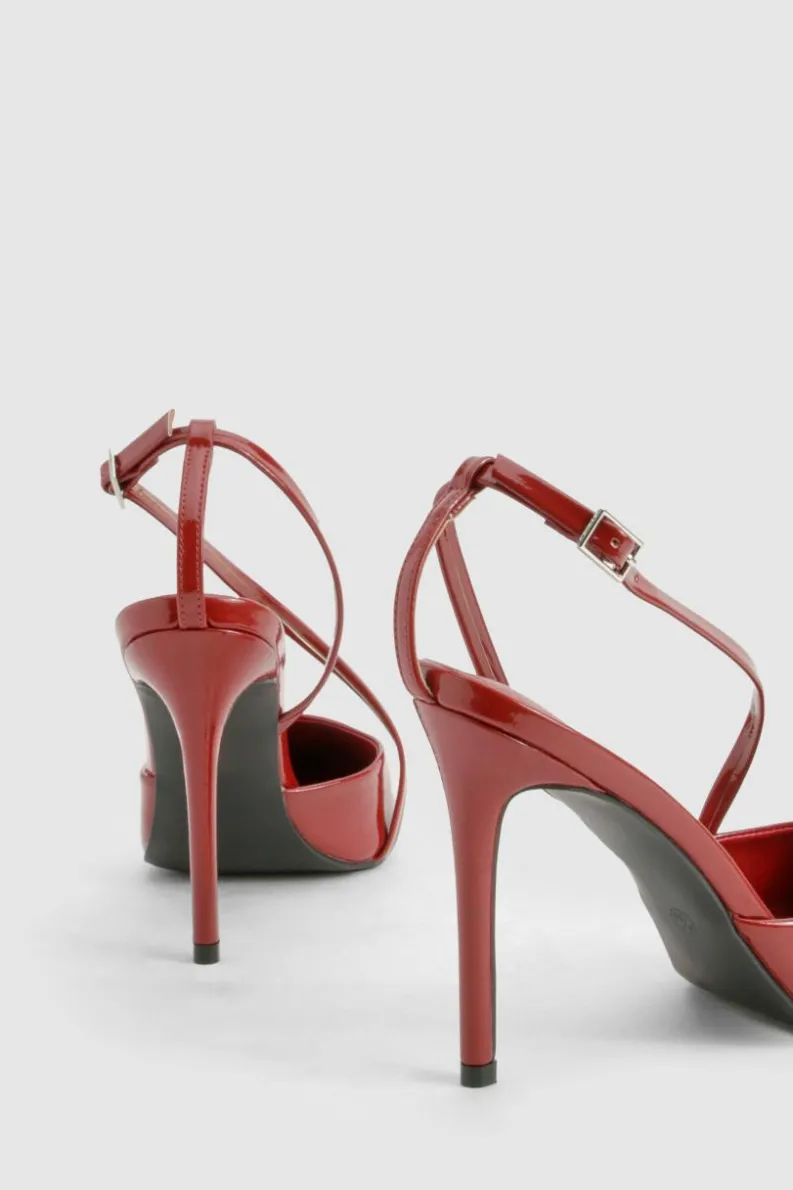 Heels*boohoo Asymmetric Patent Court Heels cherry