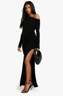 Maxi Dresses|Long Sleeve Dresses*boohoo Asymmetric Shoulder Pad Slinky Split Maxi Dress black