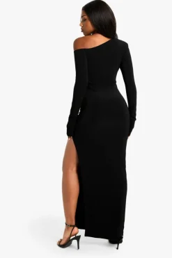 Maxi Dresses|Long Sleeve Dresses*boohoo Asymmetric Shoulder Pad Slinky Split Maxi Dress black