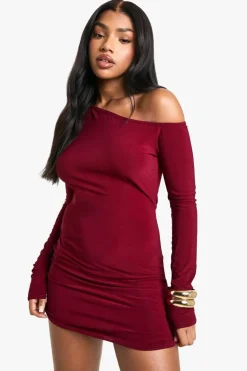 Mini Dresses|Long Sleeve Dresses*boohoo Asymmetric Shoulder Pad Slinky Mini Dress burgundy