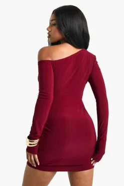 Mini Dresses|Long Sleeve Dresses*boohoo Asymmetric Shoulder Pad Slinky Mini Dress burgundy