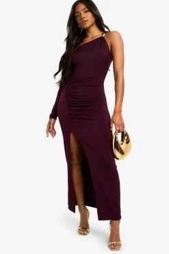 Maxi Dresses|Long Sleeve Dresses*boohoo Asymmetric Trim Detail Maxi Dress plum