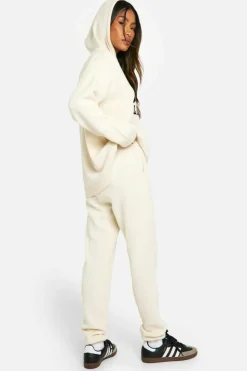 Knitted Co-Ords|Tracksuits*boohoo Ath Leisure Embroidered Knitted Oversized Hoody And Cuffed Jogger Set cream