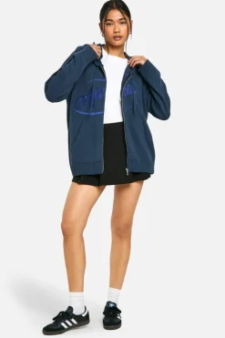Oversized Jumpers|Jumpers*boohoo Athletics Embroidered Zip Through Oversized Knitted Hoody navy