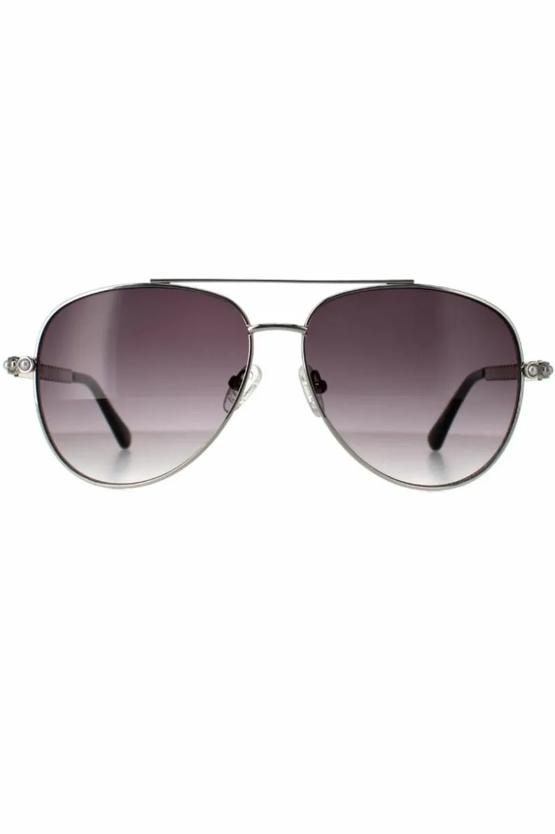 Sunglasses*Guess Aviator Shiny Light Nickeltin Smoke Gradient GF0356 Silver