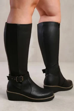 Heeled Boots*Where's That From Ayleen' Wide Calf Wedge Heel Knee High Boots With Elastic Panel Black