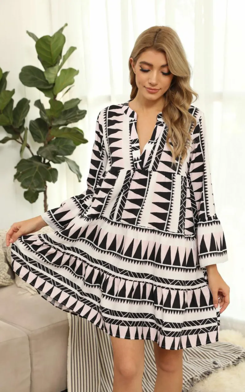 Smock Dresses*FS Collection Aztec Smock Tunic Mini Dress In Black