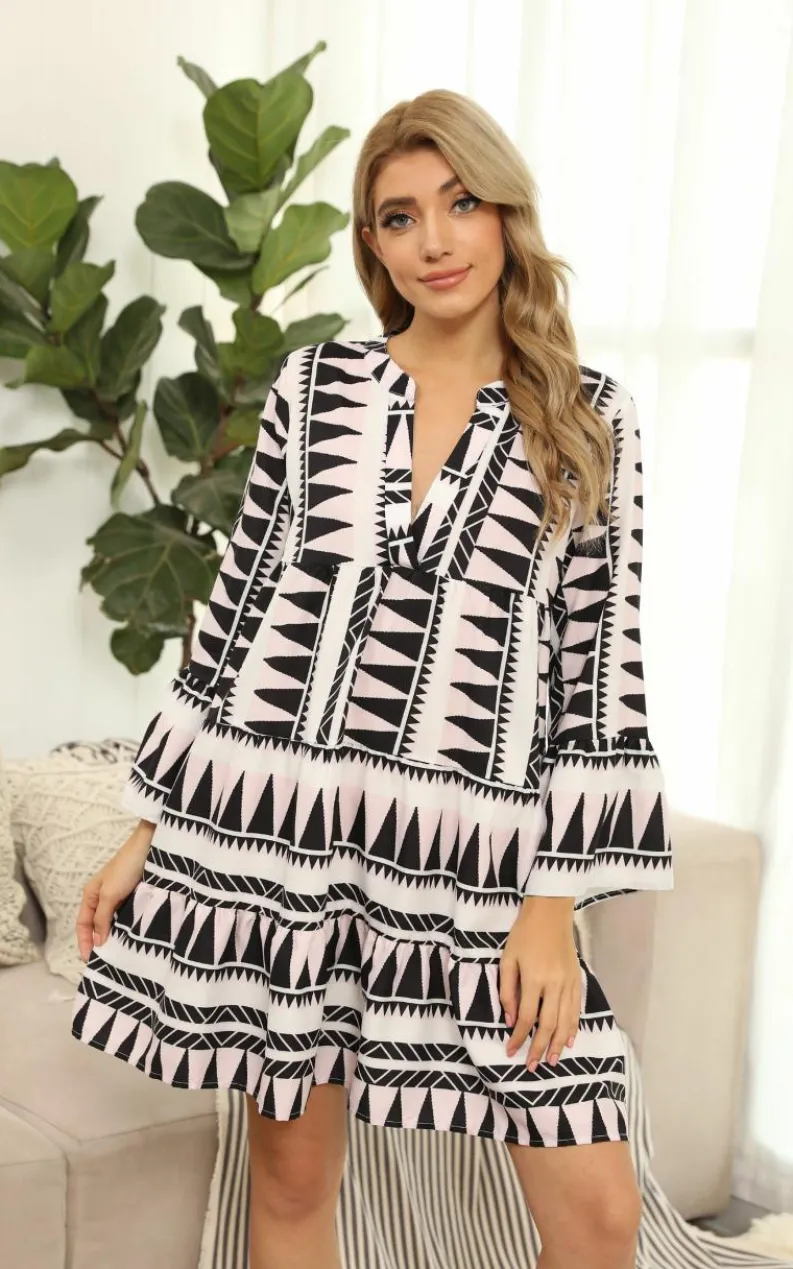 Smock Dresses*FS Collection Aztec Smock Tunic Mini Dress In Black