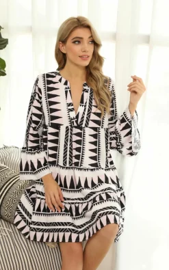 Smock Dresses*FS Collection Aztec Smock Tunic Mini Dress In Black