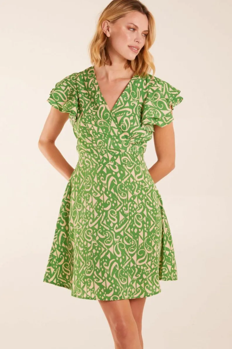 Wrap Dresses*Blue Vanilla Aztec Wrap Ruffle Frill Sleeve Mini Dress Green