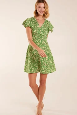 Wrap Dresses*Blue Vanilla Aztec Wrap Ruffle Frill Sleeve Mini Dress Green