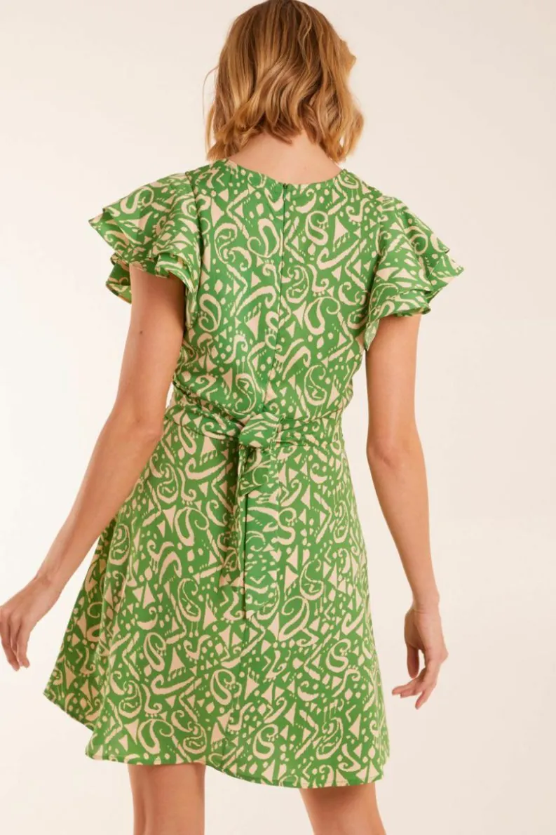 Wrap Dresses*Blue Vanilla Aztec Wrap Ruffle Frill Sleeve Mini Dress Green