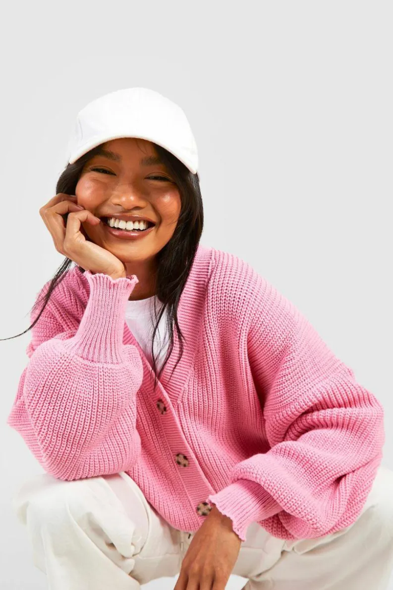 Cardigans|Knitwear*boohoo Balloon Sleeve Button Through Rib Cardigan pink