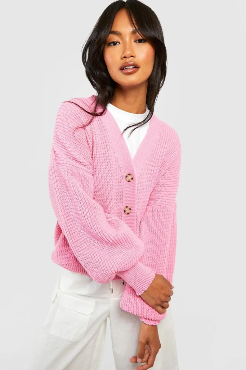 Cardigans|Knitwear*boohoo Balloon Sleeve Button Through Rib Cardigan pink