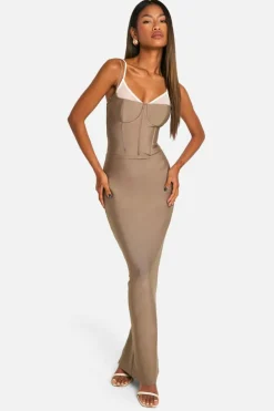 Bodycon Dresses*boohoo Bandage Double Layer Corset Maxi Dress stone