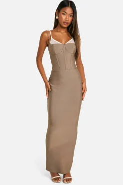 Bodycon Dresses*boohoo Bandage Double Layer Corset Maxi Dress stone
