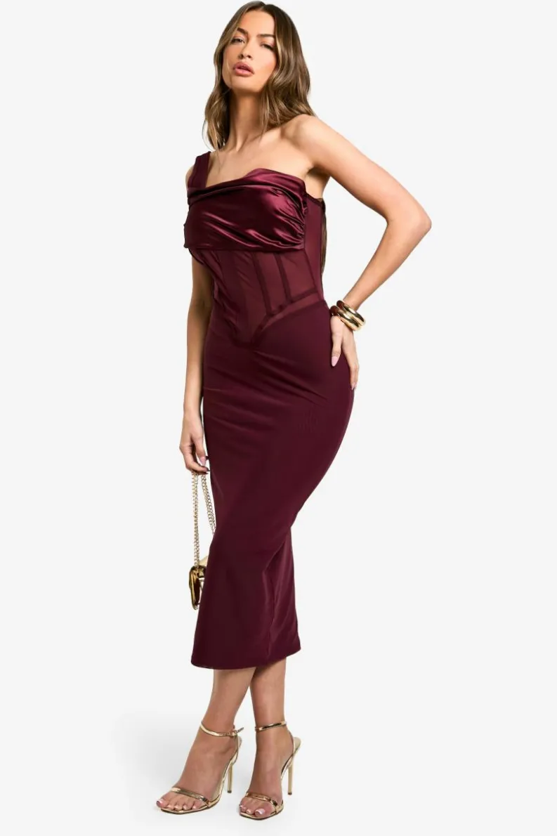 Bodycon Dresses|Dresses*boohoo Bandage Satin One Shoulder Midaxi Dress burgundy