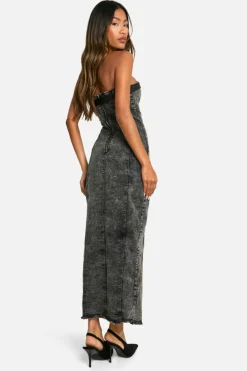 Midi Dresses|Denim*boohoo Bandeau Belt Detail Stretch Denim Midi Dress dark grey