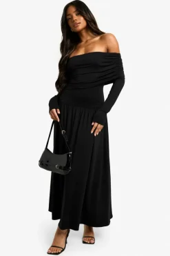 Skater Dresses|Long Sleeve Dresses*boohoo Bandeau Long Sleeve Drop Waist Skater Dress black