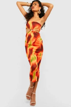 Midi Dresses*boohoo Bandeau O Ring Cut Out Printed Mesh Midaxi Dress orange