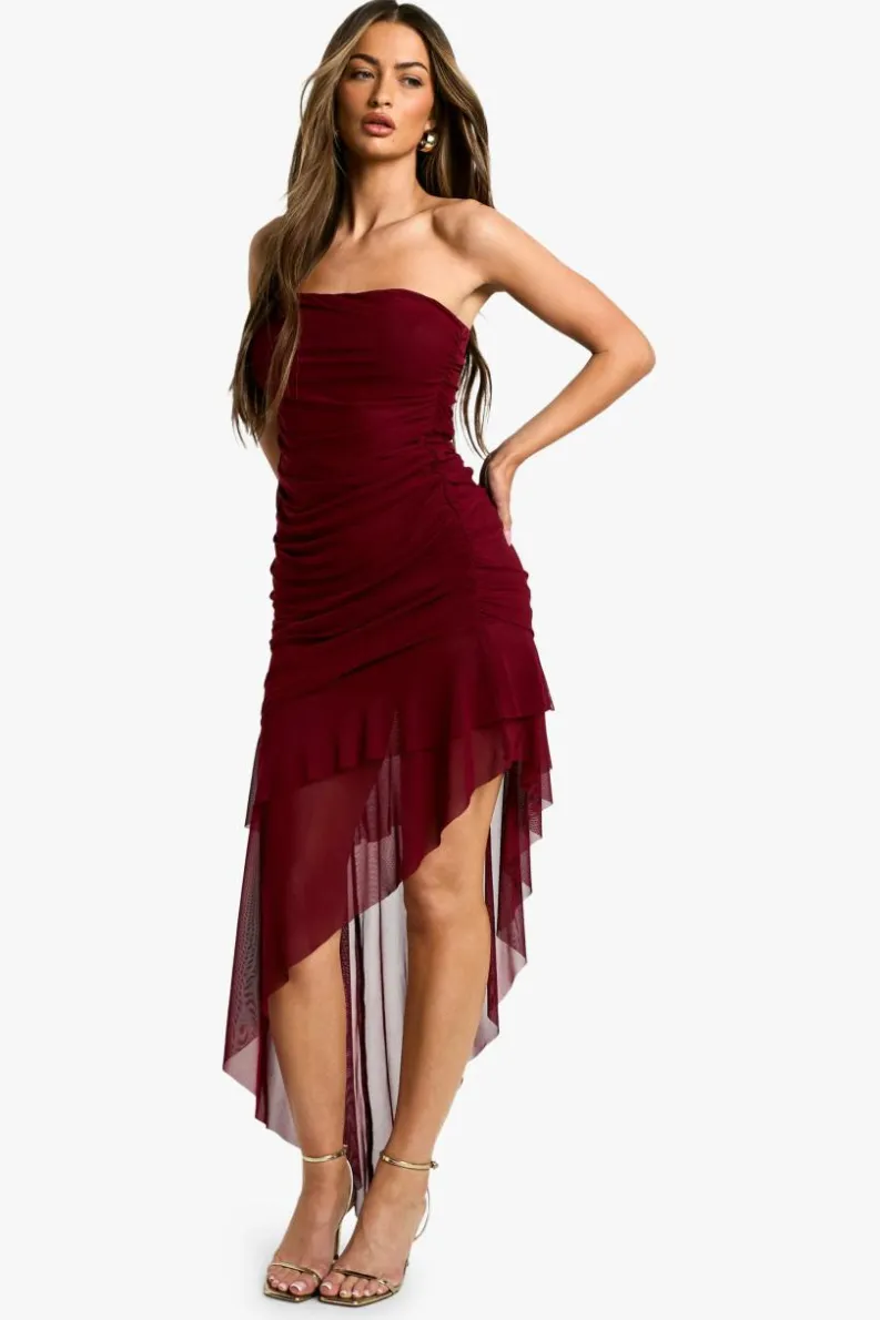 Bodycon Dresses*boohoo Bandeau Ruched Mesh Ruffle Hem Mini Dress plum